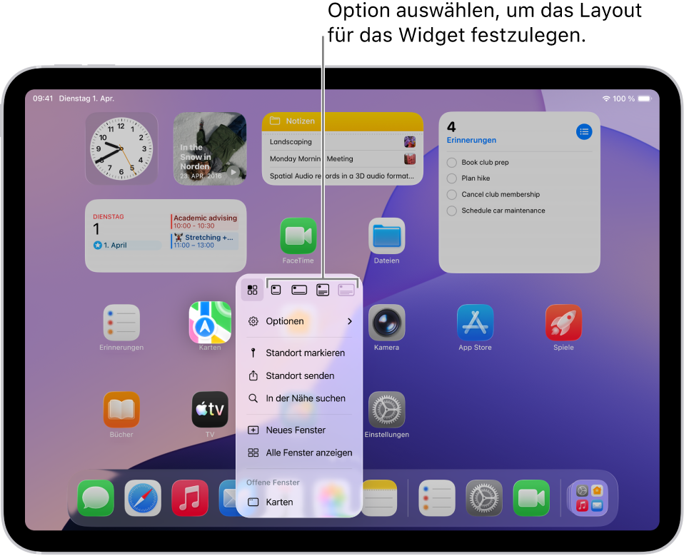 Ein Home-Bildschirm zeigt ein App-Einblendmenü, das verwendet wird, um ein App-Symbol in ein Widget für die App zu verwandeln.