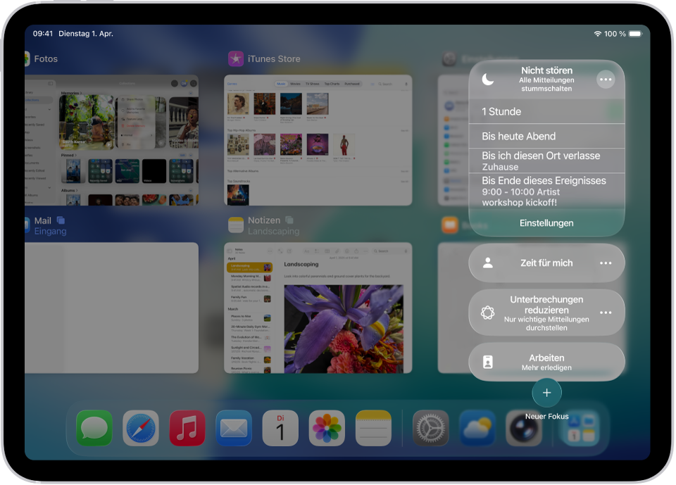 Das Kontrollzentrum mit Optionen zum Festlegen der Dauer für „Nicht stören“; die Optionen lauten „1 Stunde“, „Bis heute Abend“, „Bis ich diesen Ort verlasse“ und „Bis Ende dieses Ereignisses“.