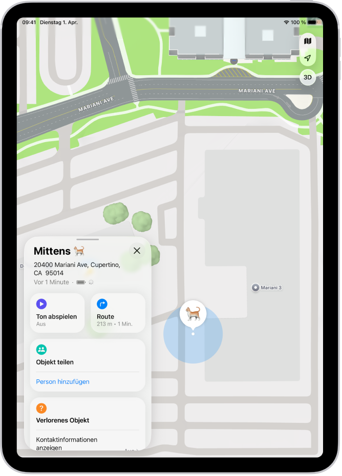 Ein Bildschirm „Wo ist?“ zeigt ein AirTag, das seinen Standort teilt.