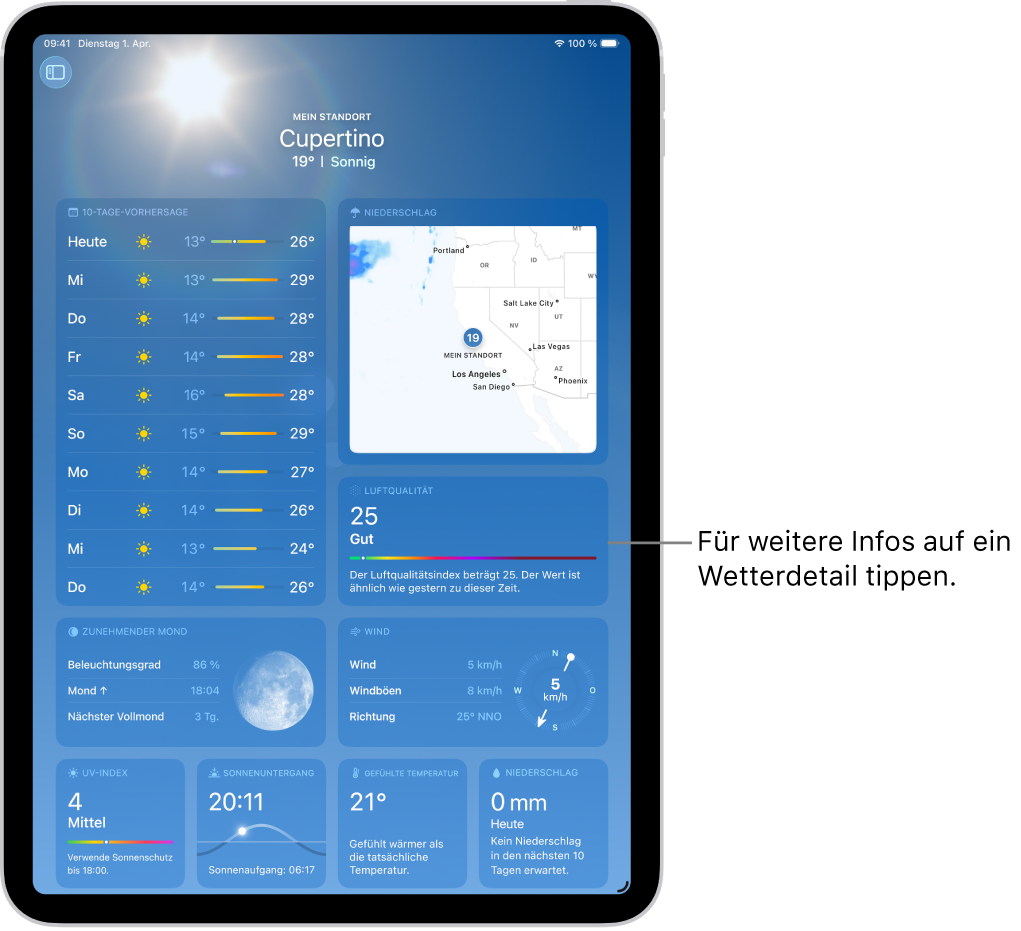 Der Bildschirm „Wetter“ mit dem Standort oben sowie der aktuellen Temperatur und Wetterlage darunter. Im restlichen Bereich der Anzeige befinden sich Wetterdetails, wie der UV-Index, Wind und der Niederschlag.