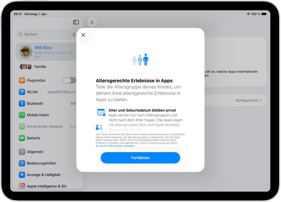 Der Einführungsbildschirm für die Funktionen von altersgerechten Erlebnissen in Apps.