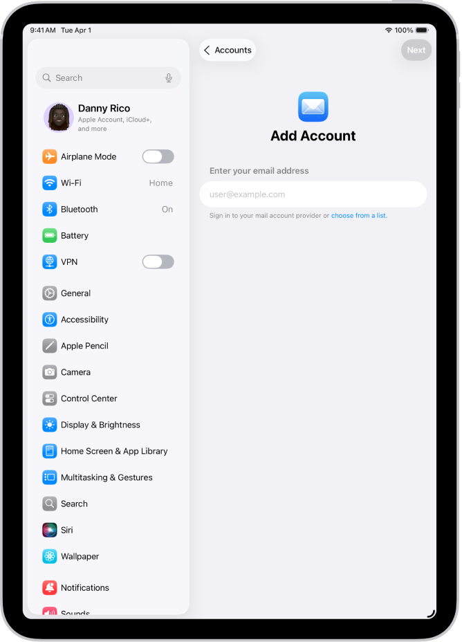Η οθόνη «Προσθήκη λογαριασμού» όπου εμφανίζεται ένα πεδίο για την εισαγωγή της διεύθυνσης email σας.