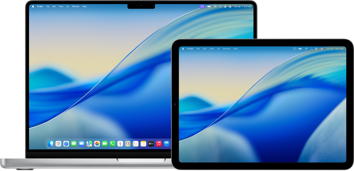 Οθόνη Mac δίπλα σε μια οθόνη iPad. Και οι δύο οθόνες εμφανίζουν ένα παράθυρο από μια εφαρμογή επεξεργασίας φωτογραφιών.