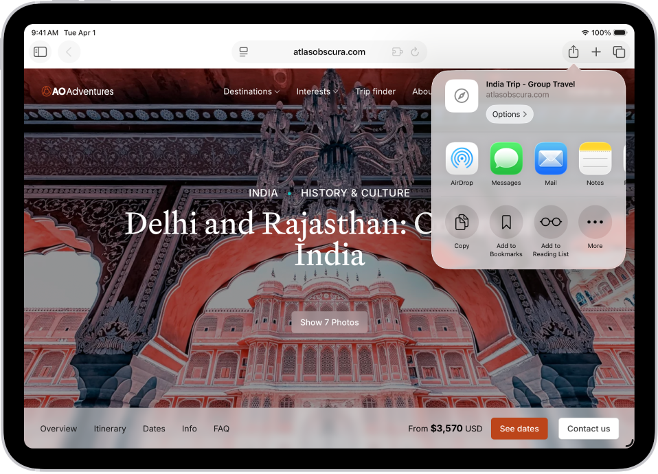 An open webpage. The Share button has been tapped, showing options for AirDrop, Messages, Mail, Notes, Copy, Add to Bookmarks, Add to Reading List, and More.