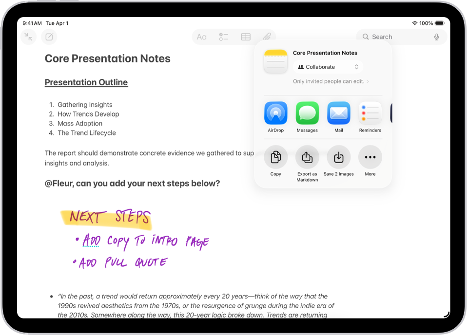 A screen showing photography notes. An overlay on the right shows sharing options such as Messages and Mail.