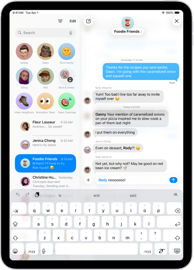 Composing an inline reply in a group conversation in Messages. Another person in the conversation is mentioned, so their name appears in blue, bold text.