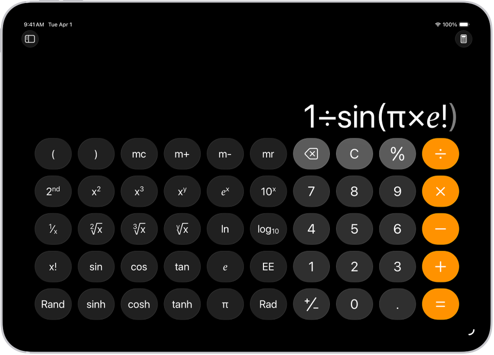 iPad showing the scientific calculator with memory, exponential, logarithmic, and trigonometric functions.