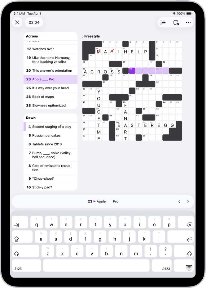 A partially filled crossword puzzle, with the clues along the left side.