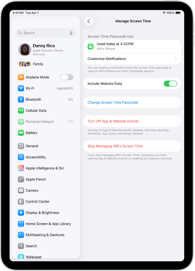 The Manage Screen Time screen for a child in a family, showing the last time the passcode was used and on which device.