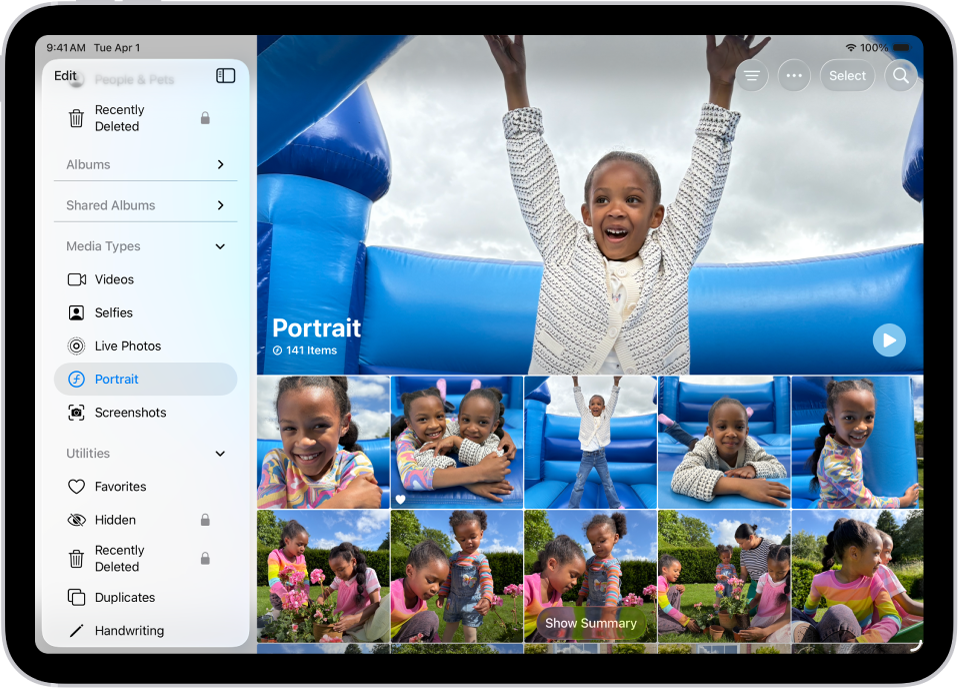Media Types is open in the Photos app, showing collections of videos, selfies, Live Photos, portraits, and more.