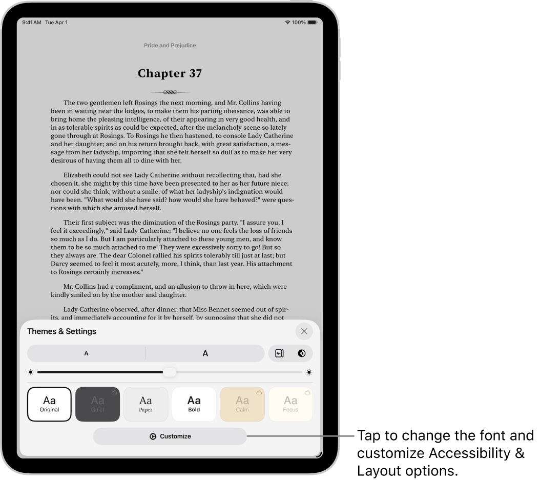 A page of a book in the Books app. The Themes & Settings options show controls for font size, scrolling view, page turn style, brightness, and font styles.