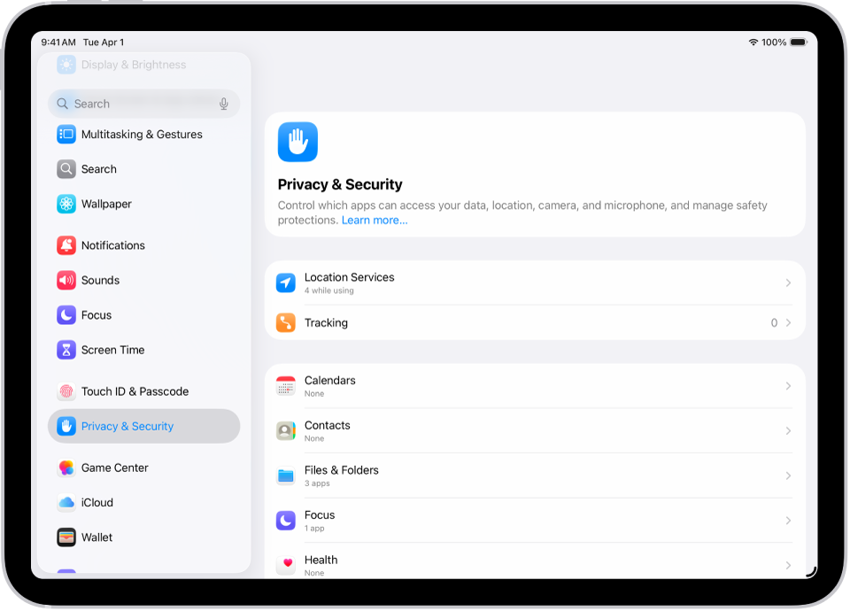 A Settings screen showing Privacy & Security options such as Location Services and Tracking.