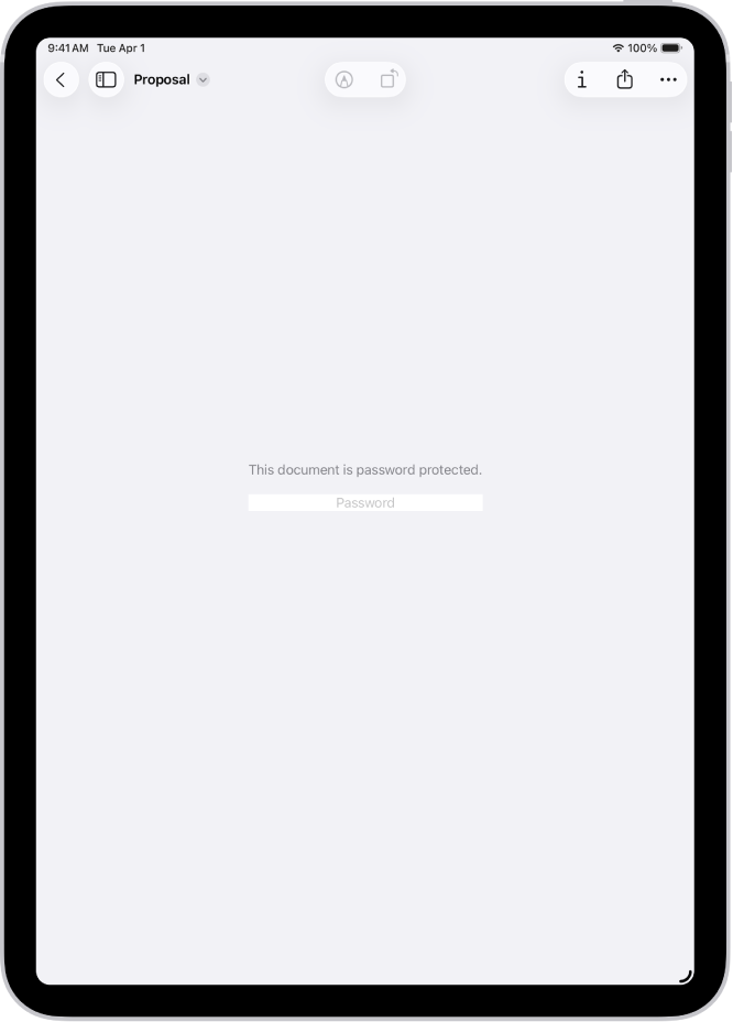 A locked PDF form in the Preview app showing a password field. At the bottom of the screen are the Markup, Info, and Share buttons.