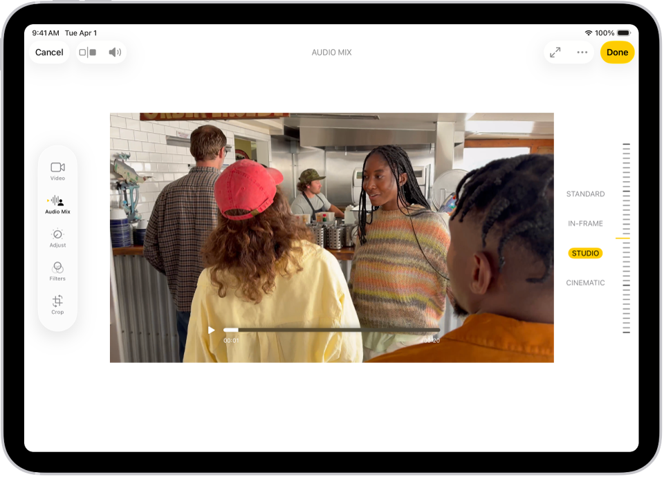 A video is open in the Photos app. On the left side of the screen are editing buttons for Video, Audio Mix, Adjust, Filters, and Crop. Audio Mix is selected. On the right side of the screen are buttons to adjust the sound options which are Standard, In-Frame, Studio, and Cinematic. Studio is selected.