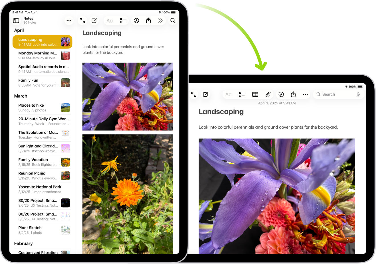 In the background, iPad displays a Notes screen in portrait orientation; in the foreground, iPad is rotated and shows the Notes screen in landscape orientation.