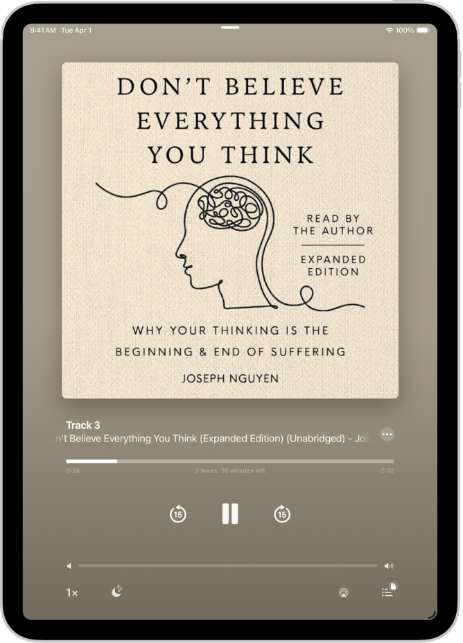 The audiobook player screen showing, from top to bottom, the audiobook cover, the name of the section that’s playing, the playhead, pause button, and the skip forward and back buttons. At the bottom is the volume slider and below that are buttons for controlling playback speed, setting a sleep timer, choosing a playback destination, and viewing a list of the book’s tracks.