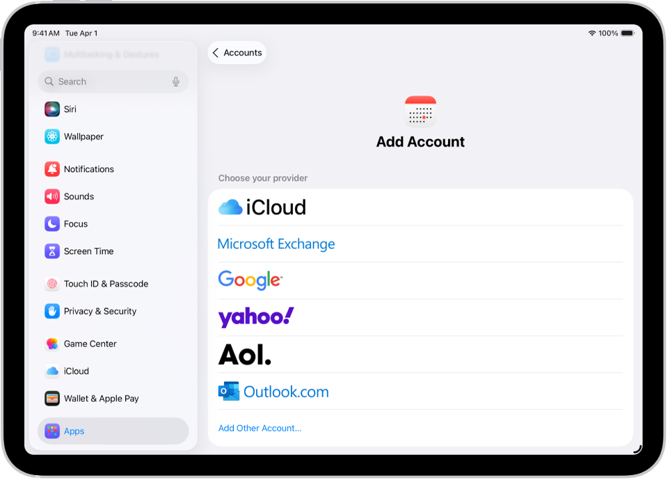 The add calendar account settings showing different calendar providers.