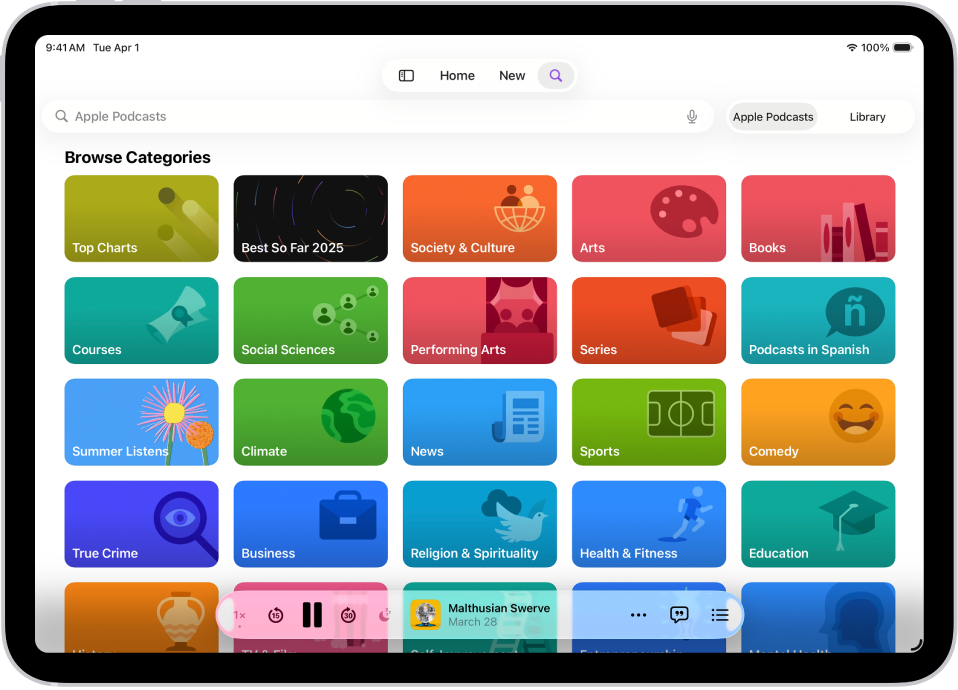 The Search screen in the Podcasts app, showing podcast categories. Towards the bottom of the screen is the MiniPlayer.