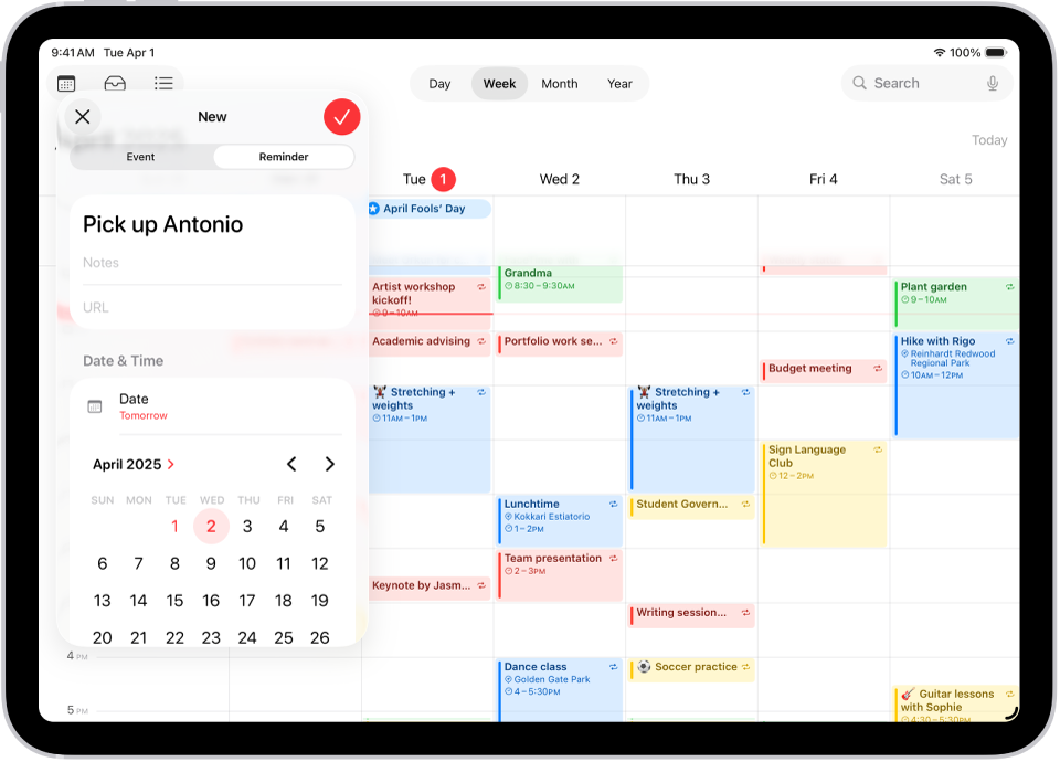 A calendar in Week view showing the create reminder window.
