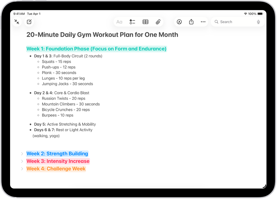 A note in the Notes app, with collapsible headings at the top of the screen.