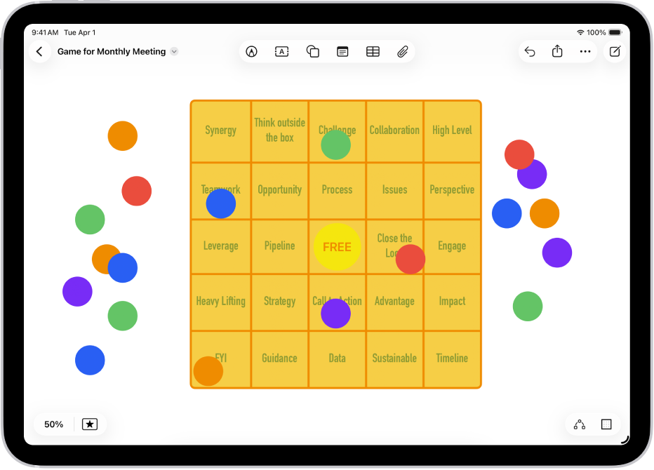 A table on a Freeform board, with its formatting tools visible and small blue dots on its edges for changing its shape.