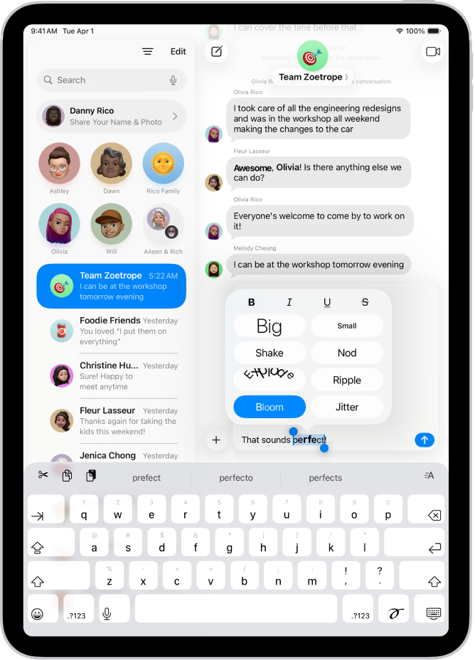 A Messages conversation with a word selected in the text field, and formatting and effects options shown above it. The selected text appears with a preview of the effect.