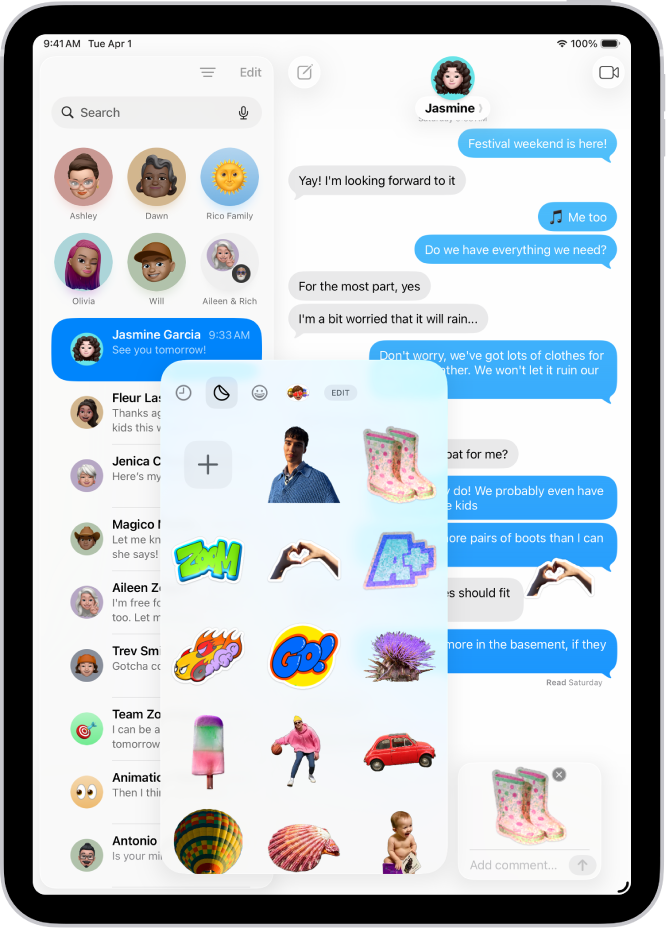Recently used stickers in Messages. Each button across the top of the card opens a sticker pack.