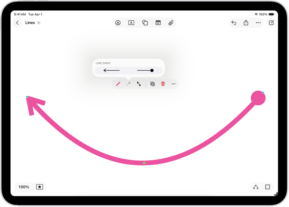 A connection line on a Freeform board, with blue and green dots for changing the shape and arc.