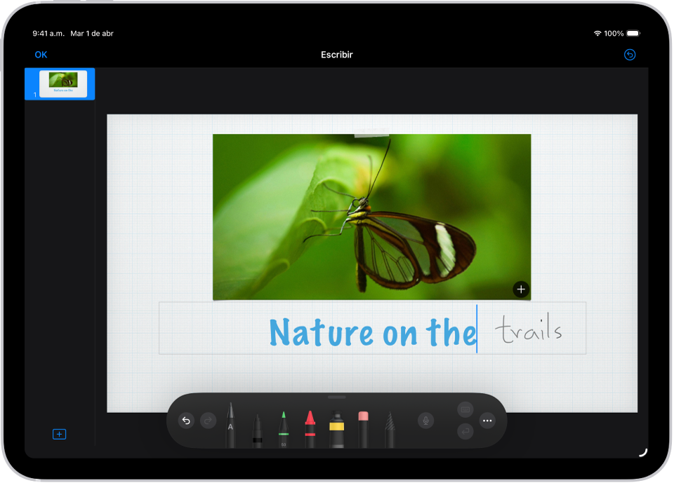 Se está agregando un título a una diapositiva de Keynote. A medida que se escribe a mano con el Apple Pencil, las palabras se convierten en texto escrito.