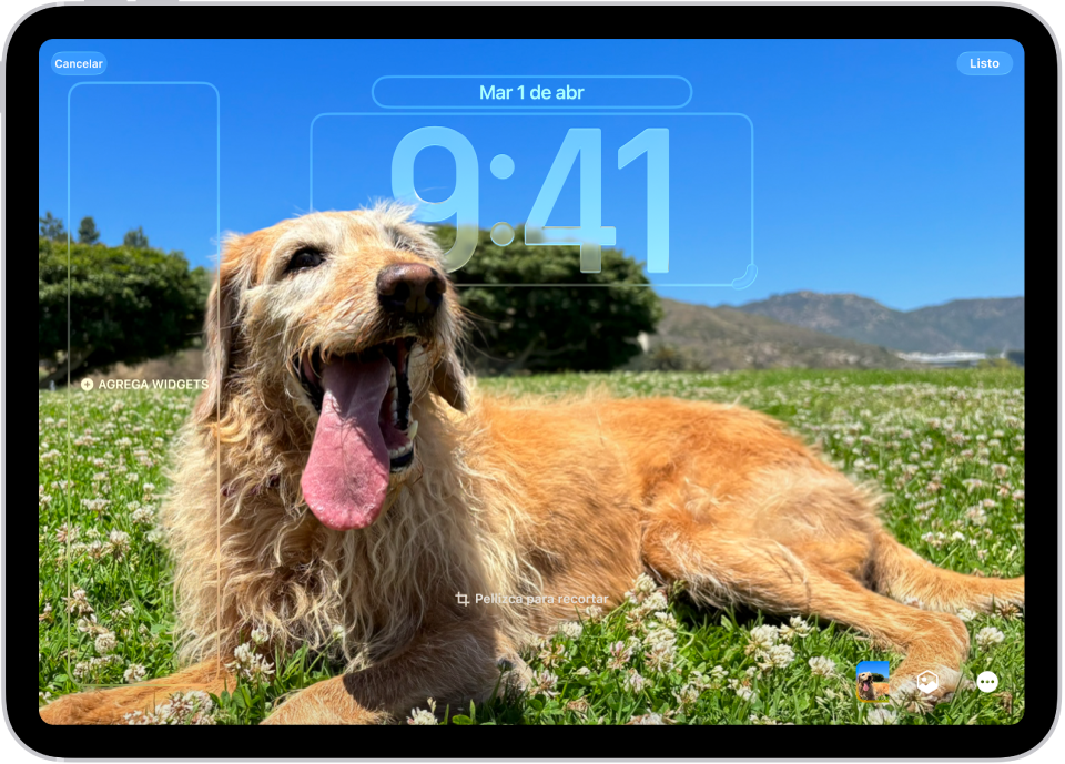 Una pantalla con opciones de personalización para la pantalla bloqueada del iPad y una foto de la Tierra. A la izquierda están los widgets de Reloj, Calendario y Clima. A la derecha están las opciones de tipo de fuente y color del reloj.