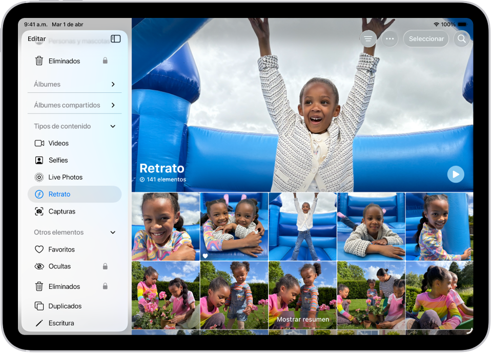La sección Tipos de contenido está abierta en la app Fotos con colecciones de videos, selfies, Live Photos, retratos y más.