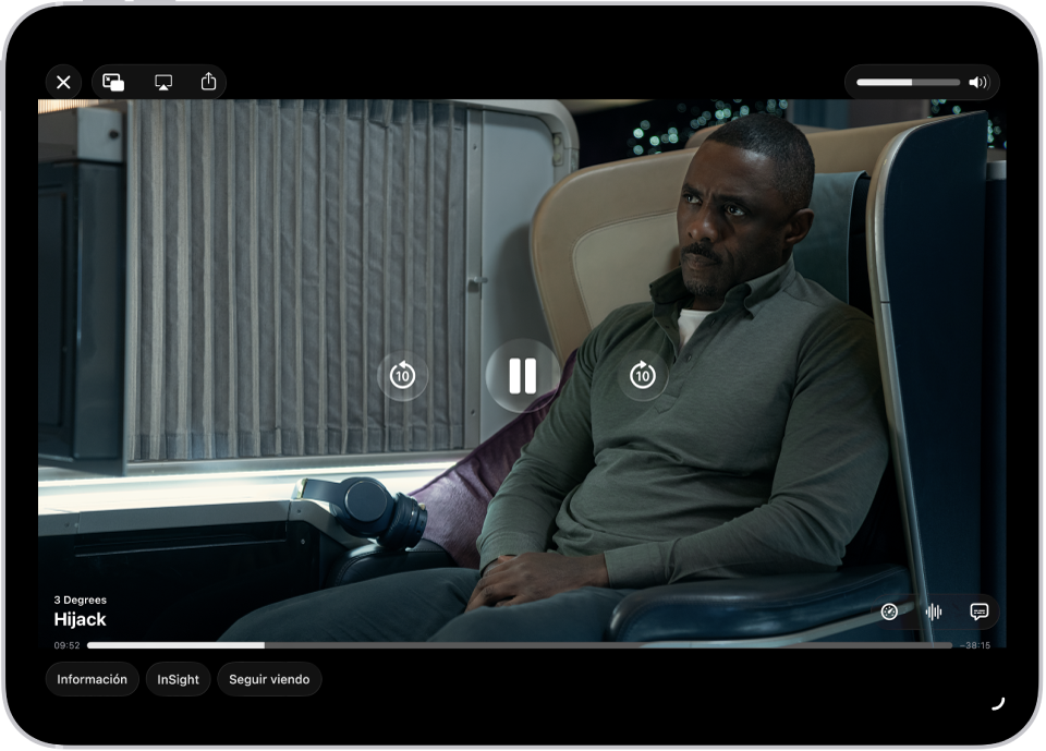 Un programa de TV reproduciéndose, con los controles de reproducción visibles. Los botones Cerrar, Imagen dentro de otra, AirPlay y Compartir están en la esquina superior izquierda. El regulador de volumen está en la parte superior derecha. En el centro están los botones Avanzar 10 Pausar y Retroceder 10 segundos. A lo largo de la parte inferior central está un regulador que puedes arrastrar para ajustar la posición del video; y a los extremos muestra el tiempo transcurrido y restante del video. En la parte inferior izquierda están los botones de Información, InSight y Seguir viendo.