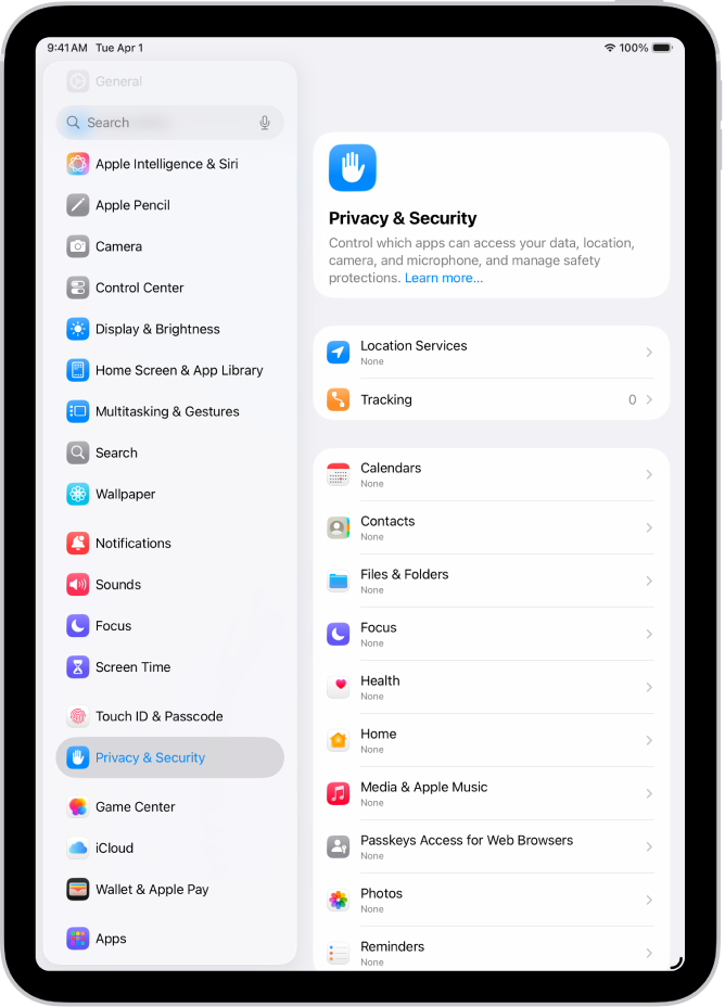 La pantalla “Privacidad y seguridad” con los ajustes de Localización y Rastreo, y ajustes para controlar qué apps pueden acceder a tus datos.