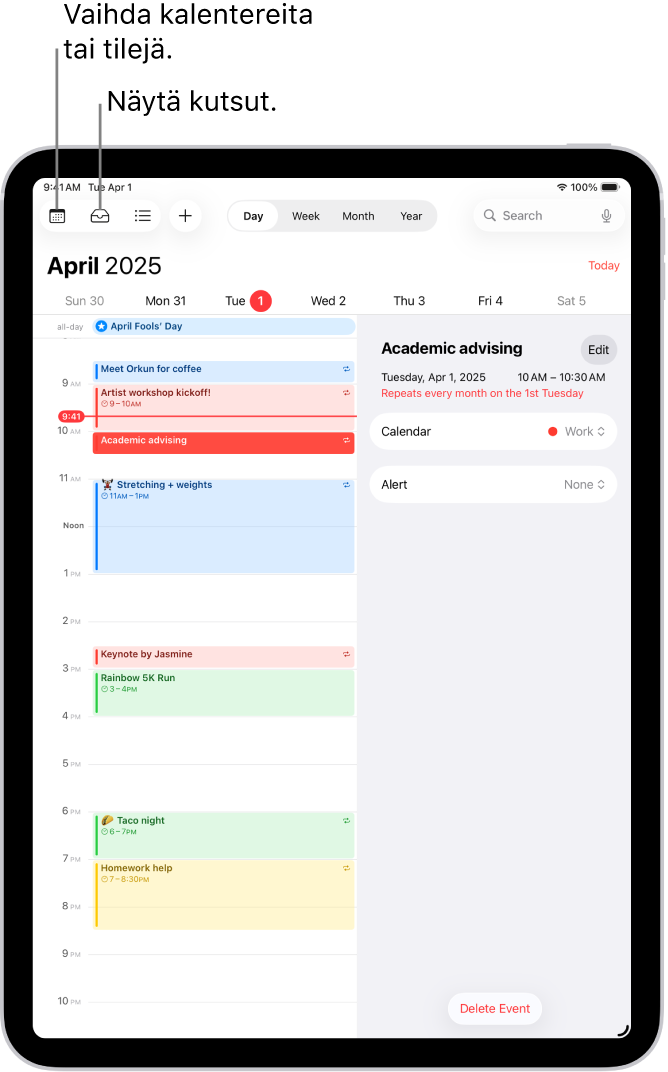 Kalenterin päivänäkymä. Voit vaihtaa näkymää päivän, viikon, kuukauden ja vuoden välillä napauttamalla ylhäällä keskellä olevia painikkeita. Kalenterit-painike on näytön vasemmassa yläkulmassa ja Saapuneet-painike lähellä vasenta yläkulmaa.