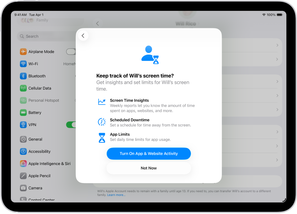 Asetukset-näyttö ja ponnahdusikkuna, jossa näkyy Ruutuajan käyttöönotto.