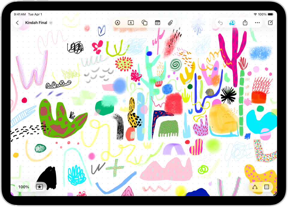 iPadissa näkyy käsinkirjoitusta ja piirroksia sisältävä Freeform-taulu.