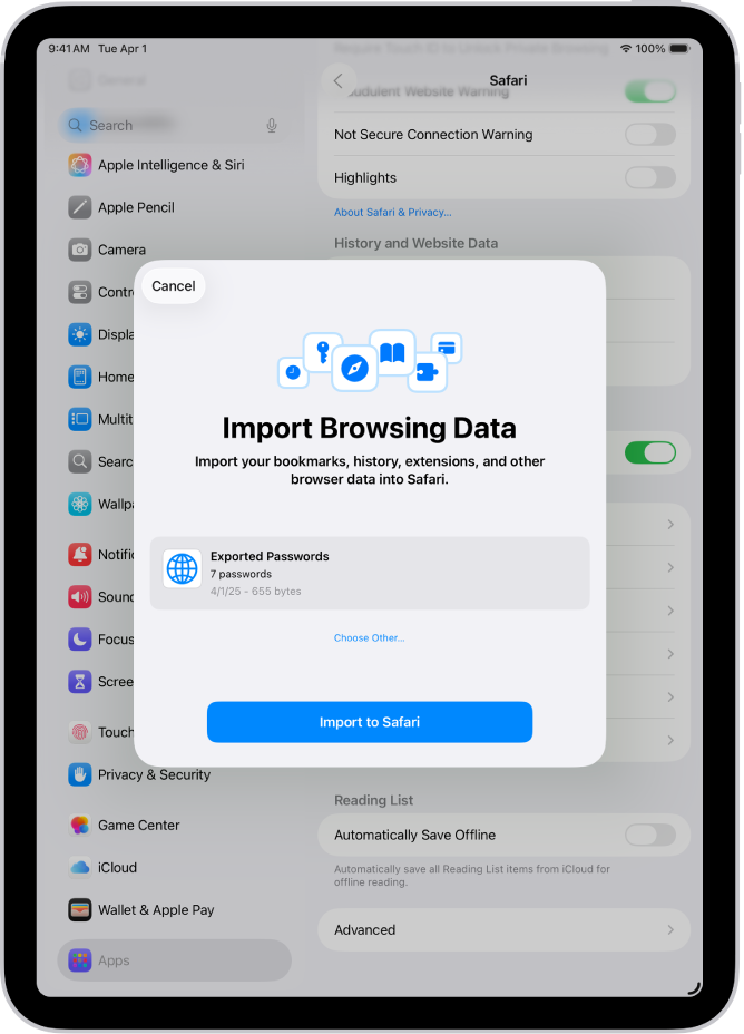 Tuo selaustiedot -näyttö, jossa tuodaan salasanoja sisältävä CSV-tiedosto toisesta salasanojen hallintatyökalusta.