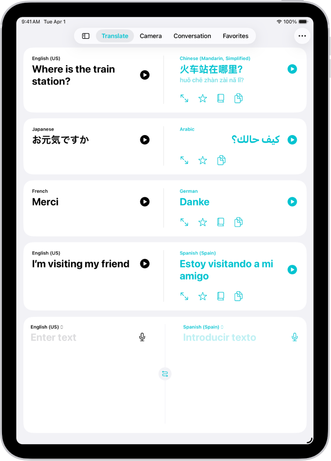 Käännä-näyttö, jossa näkyy lauseita, jotka on käännetty englannista kiinaksi, japanista arabiaksi, ranskasta saksaksi ja englannista espanjaksi. Yläreunassa vasemmalta oikealle lueteltuina ovat Näytä sivupalkki-, Käännä-, Kamera‑, Keskustelu-, Suosikit‑ ja Lisää-painikkeet.