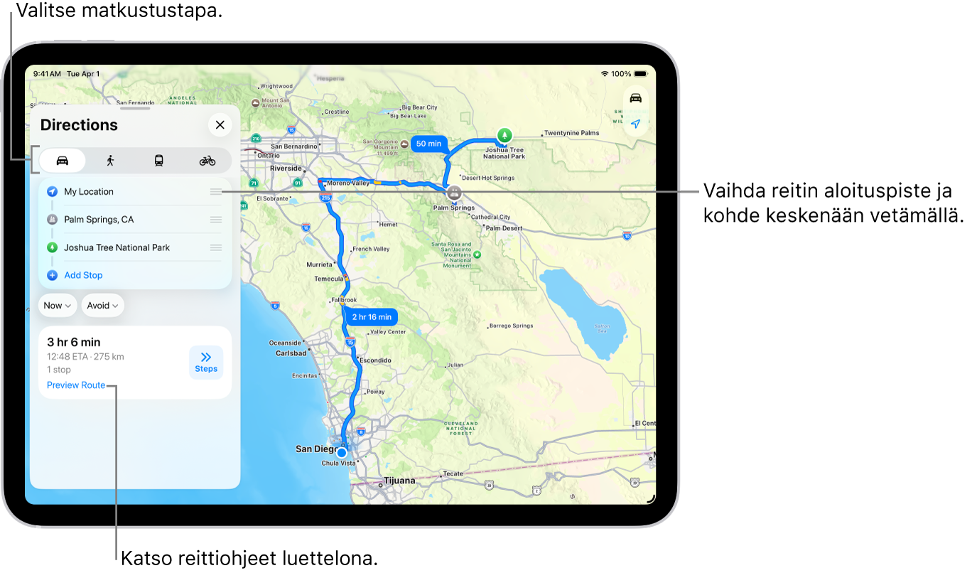 Kartta useilla eri reittivaihtoehdoilla Oman sijainnin ja kohdesijainnin välillä.