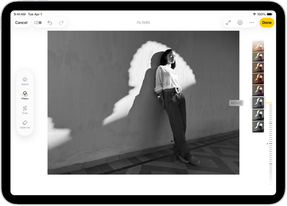 Kuvat-apin muokkausnäyttö, jonka keskellä on kuva. Näytön vasemmalla puolella ovat Muokkaa-, Suodattimet- ja Rajaa-painikkeet. Suodattimet-painike on valittuna. Näytön oikealla puolella ovat suodatinvaihtoehdot ja liukusäädin suodatintehosteen tason säätämiseen.