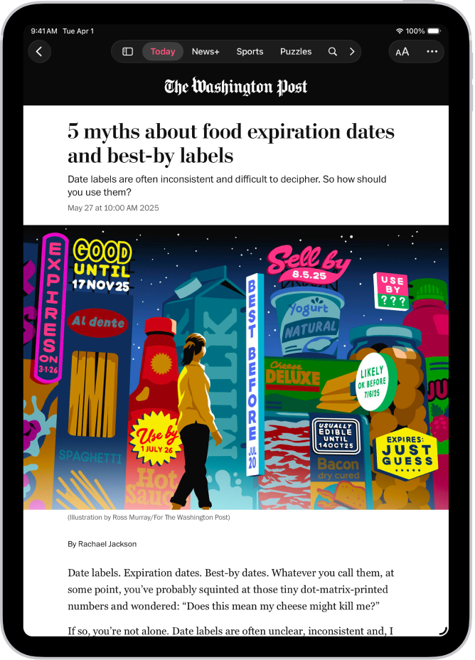 Uutinen News-apissa. Välilehtipalkissa on valittuna Today.