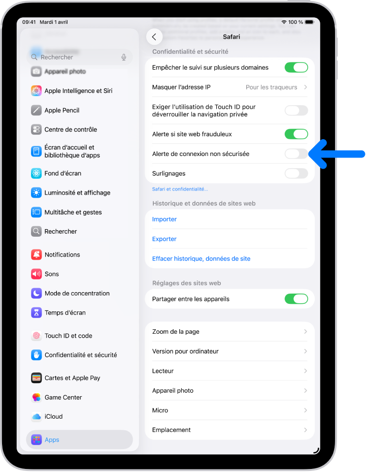 La commande Avertissement de connexion non sécurisée, située sous Confidentialité et sécurité sur l’écran Safari de Réglages.