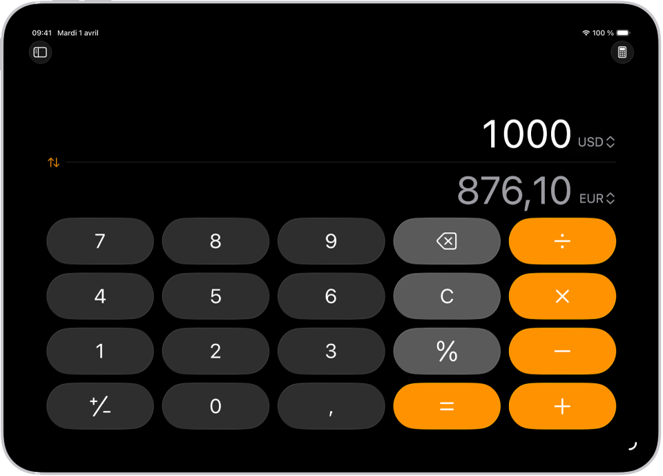 La calculatrice élémentaire avec une conversion de devise.