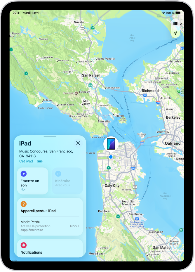 Un écran Localiser affichant un iPad.