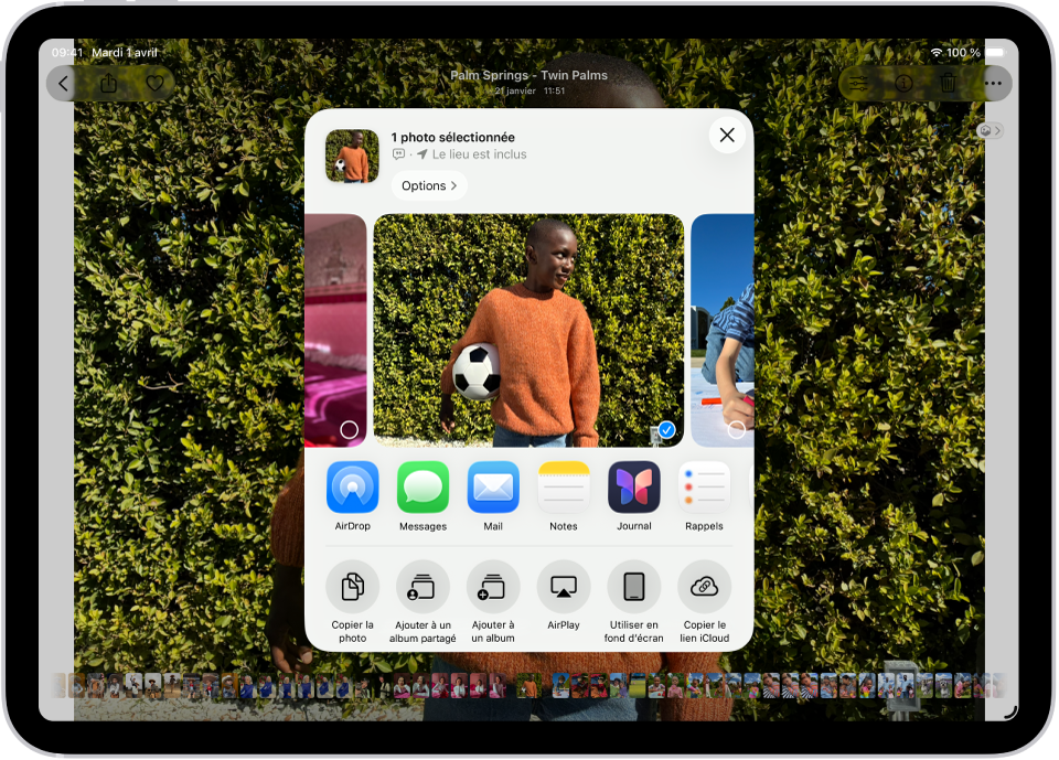 Une photo est ouverte dans l’app Photos et les options de partage sont affichées au milieu de l’écran.