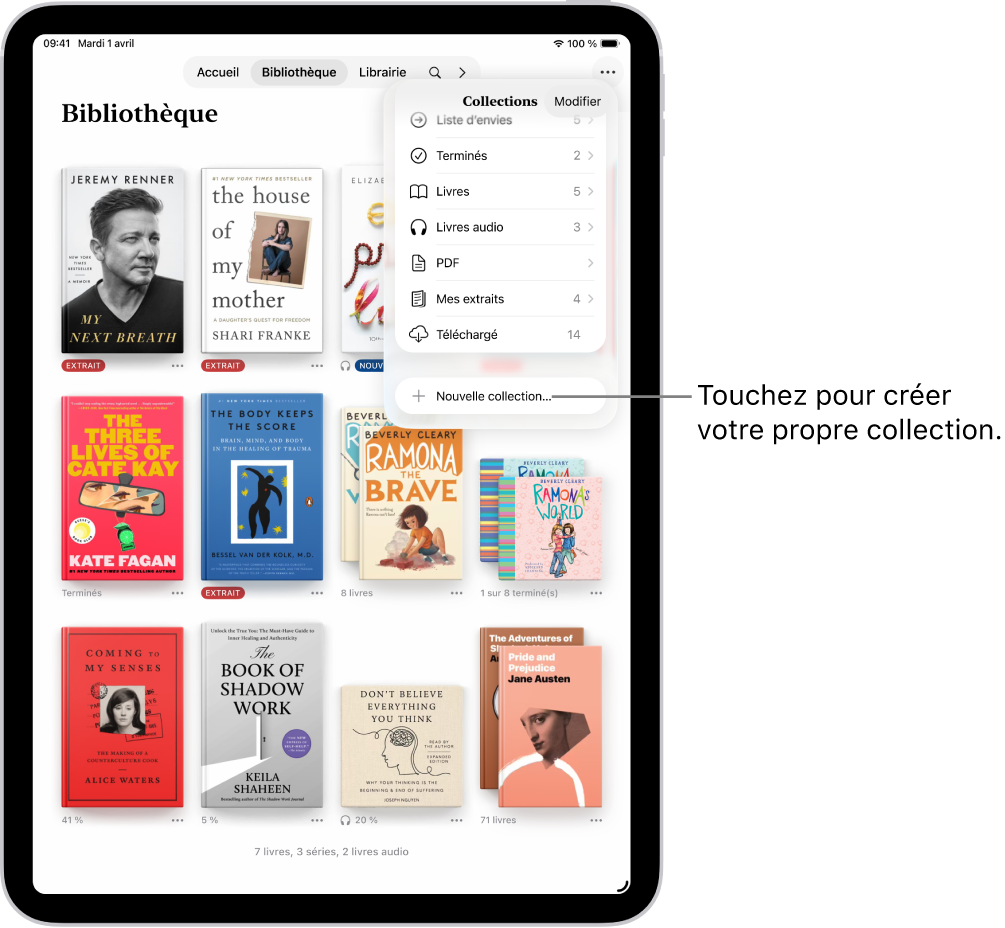 L’écran Bibliothèque dans l’app Livres. En haut de l’écran le menu Collections est ouvert et présente des options comme Livres audio et PDF.