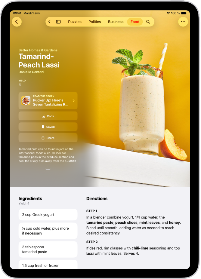 Une recette dans Apple News+, avec les ingrédients et les étapes.