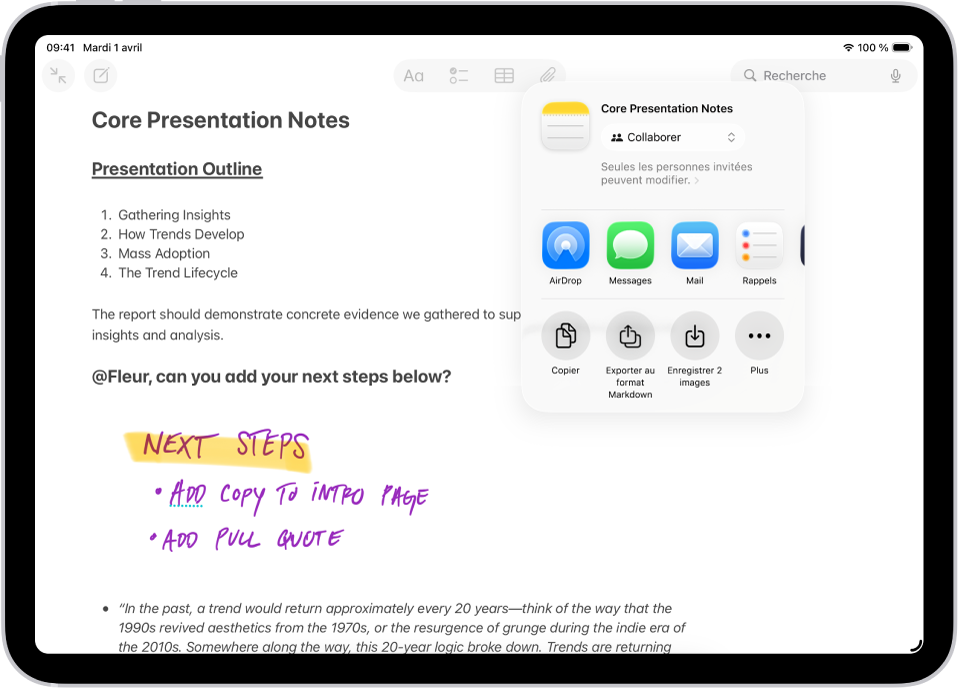 Un écran présentant des notes traitant de photographie. À droite sont affichées des options de partage telles que Messages et Mail.