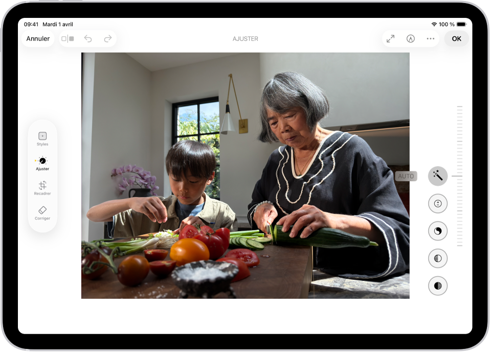 L’écran Modifier dans l’app Photos affiche une photo au centre. À gauche de la photo se trouvent les boutons Ajuster, Filtres et Recadrer ; le bouton Ajuster est sélectionné. À droite de la photo se trouvent les boutons pour modifier les effets et un curseur pour ajuster le niveau de chaque effet.