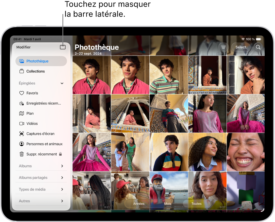 L’app Photos est ouverte et l’onglet Photothèque est sélectionné dans la barre latérale.